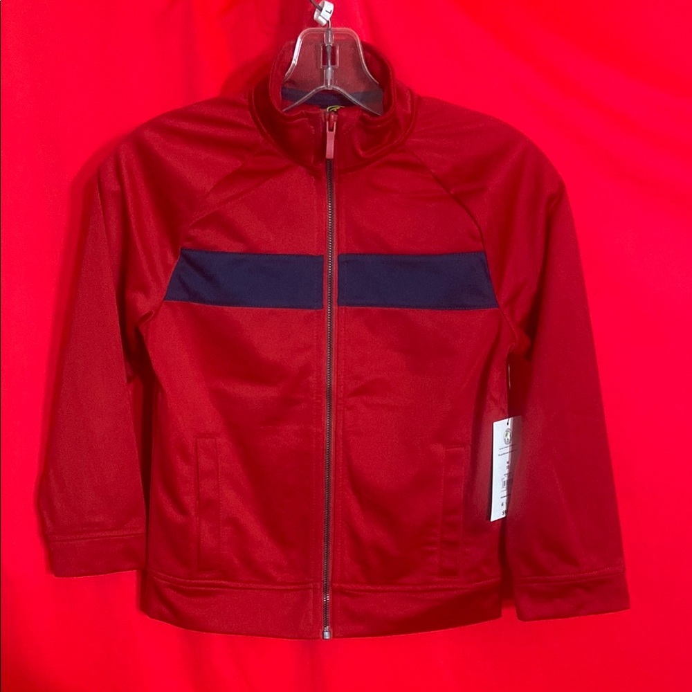 Red and Black Windbreaker with Full-Length Zipper and Standing Collar